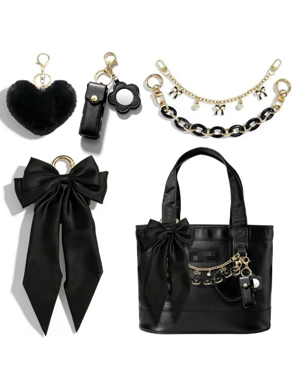 5PCS Bag Charms Set - Bow Keychain, Heart Pom-Pom, Lipstick Holder & Mirror for